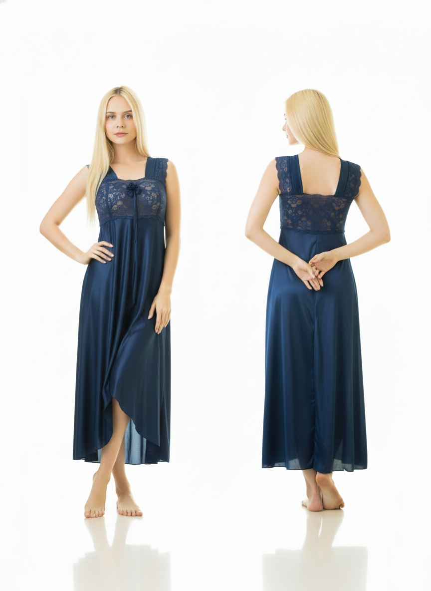 Elegant Maxi Satin Nightgown | Full-Length Lingerie Dress with Lace Trim