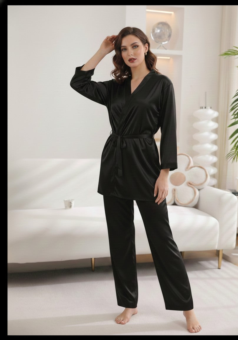 2-Piece Satin Pajama and Robe Set | Gown, Long Trouser