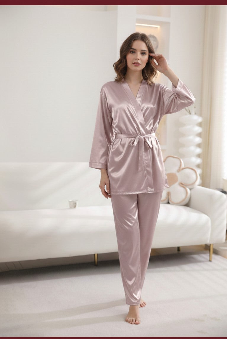 2-Piece Satin Pajama and Robe Set | Gown, Long Trouser