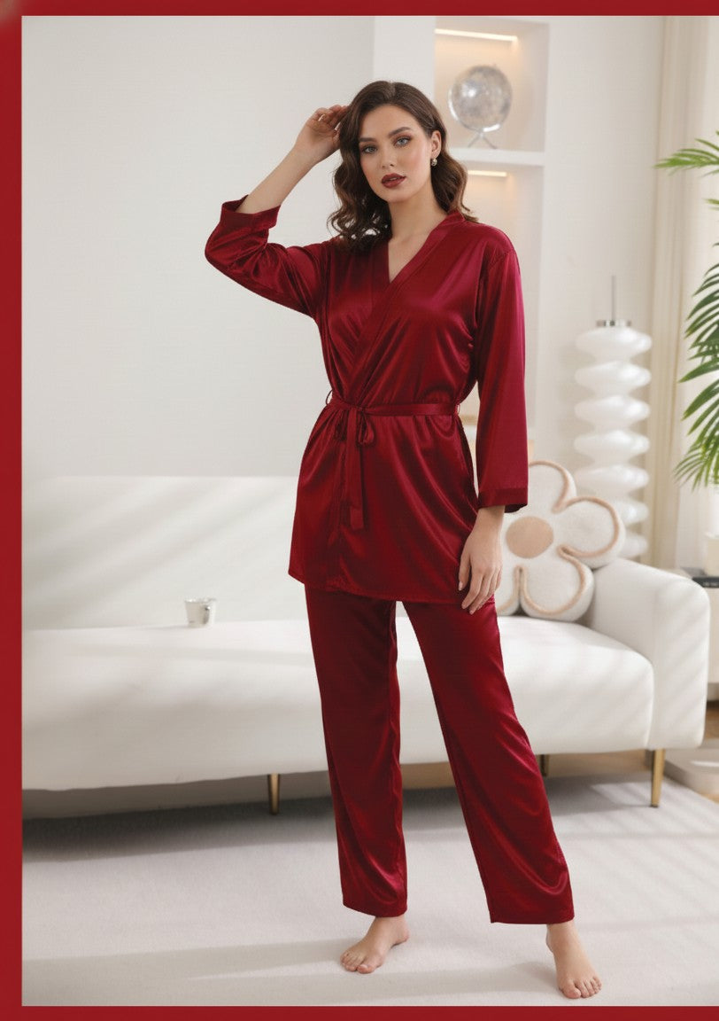 2-Piece Satin Pajama and Robe Set | Gown, Long Trouser