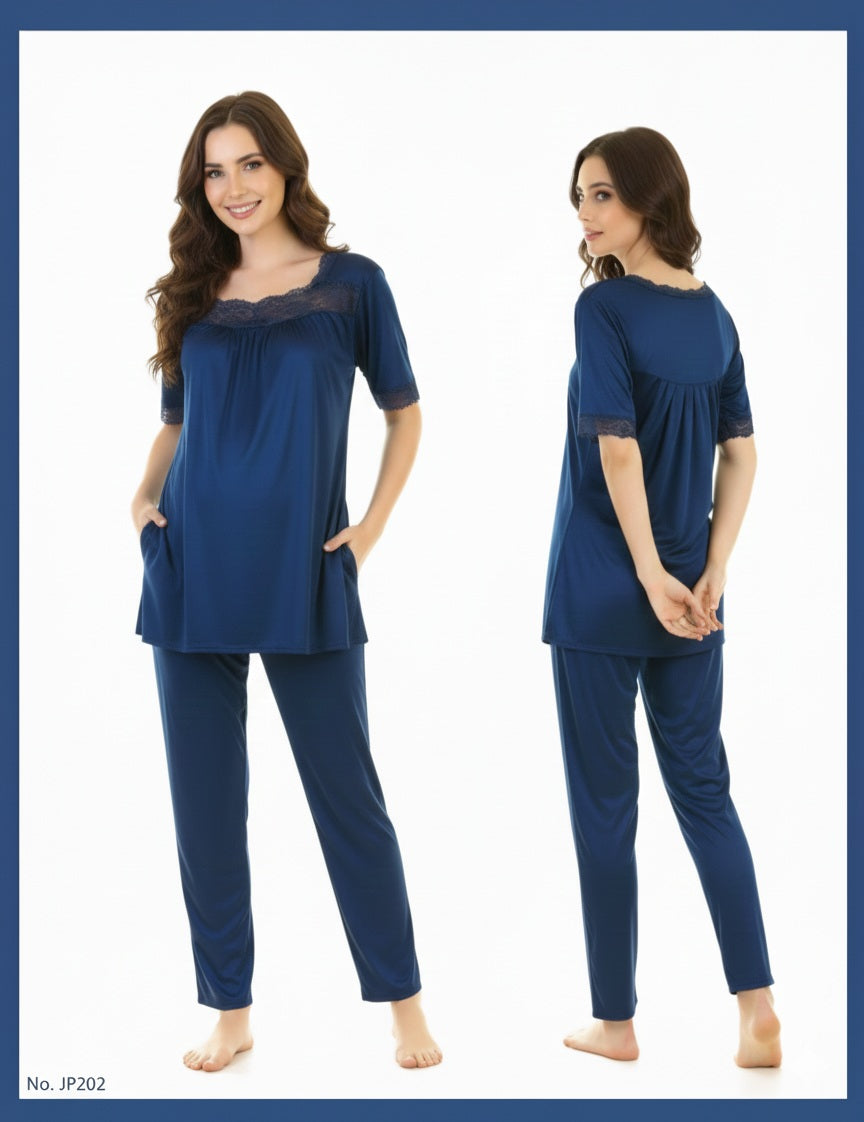2 Piece Silk Pajama Suit With Front Net Lace