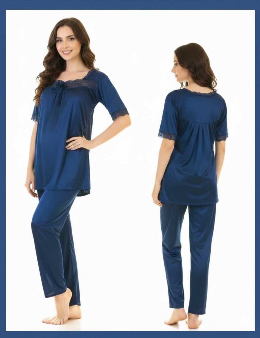 2 Piece Silk Pajama Suit With Front Net Lace