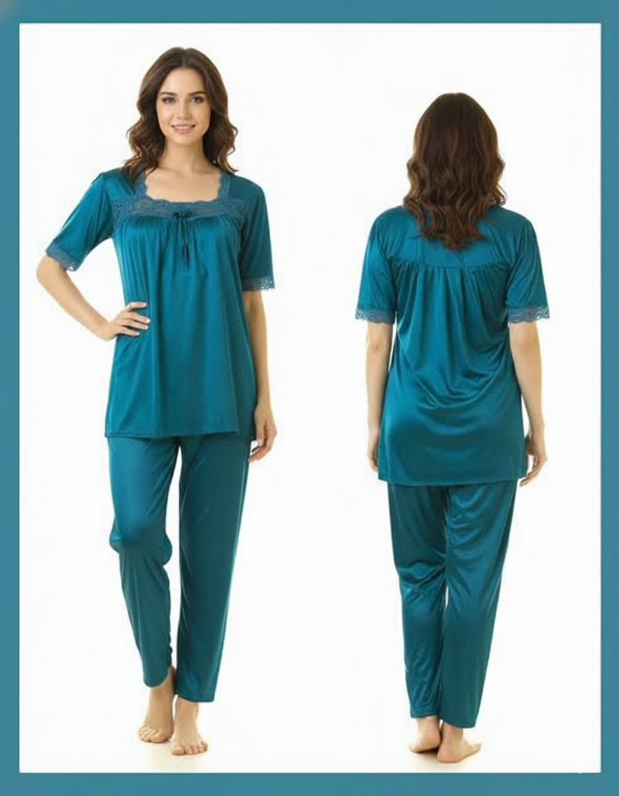 2 Piece Silk Pajama Suit With Front Net Lace
