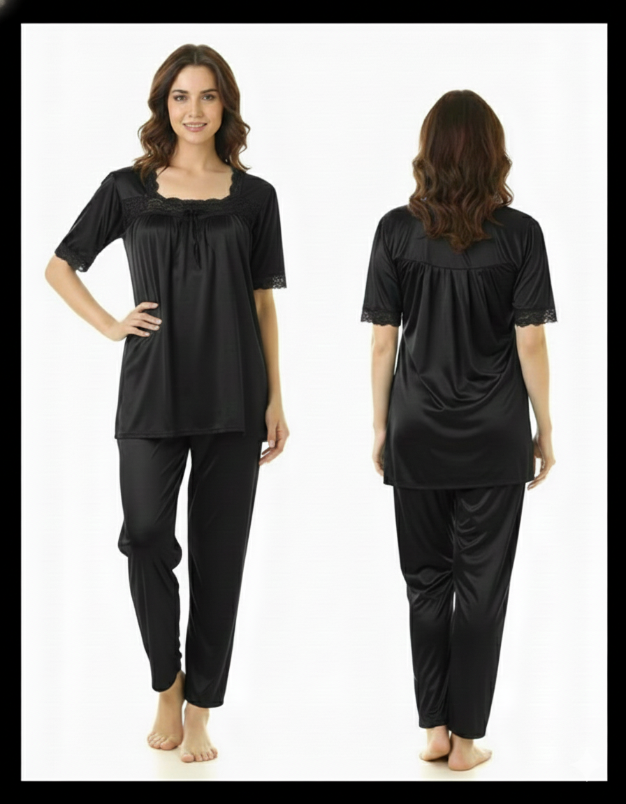2 Piece Silk Pajama Suit With Front Net Lace
