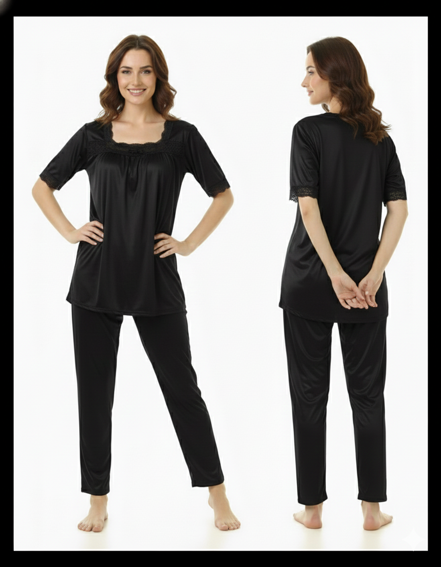 2 Piece Silk Pajama Suit With Front Net Lace