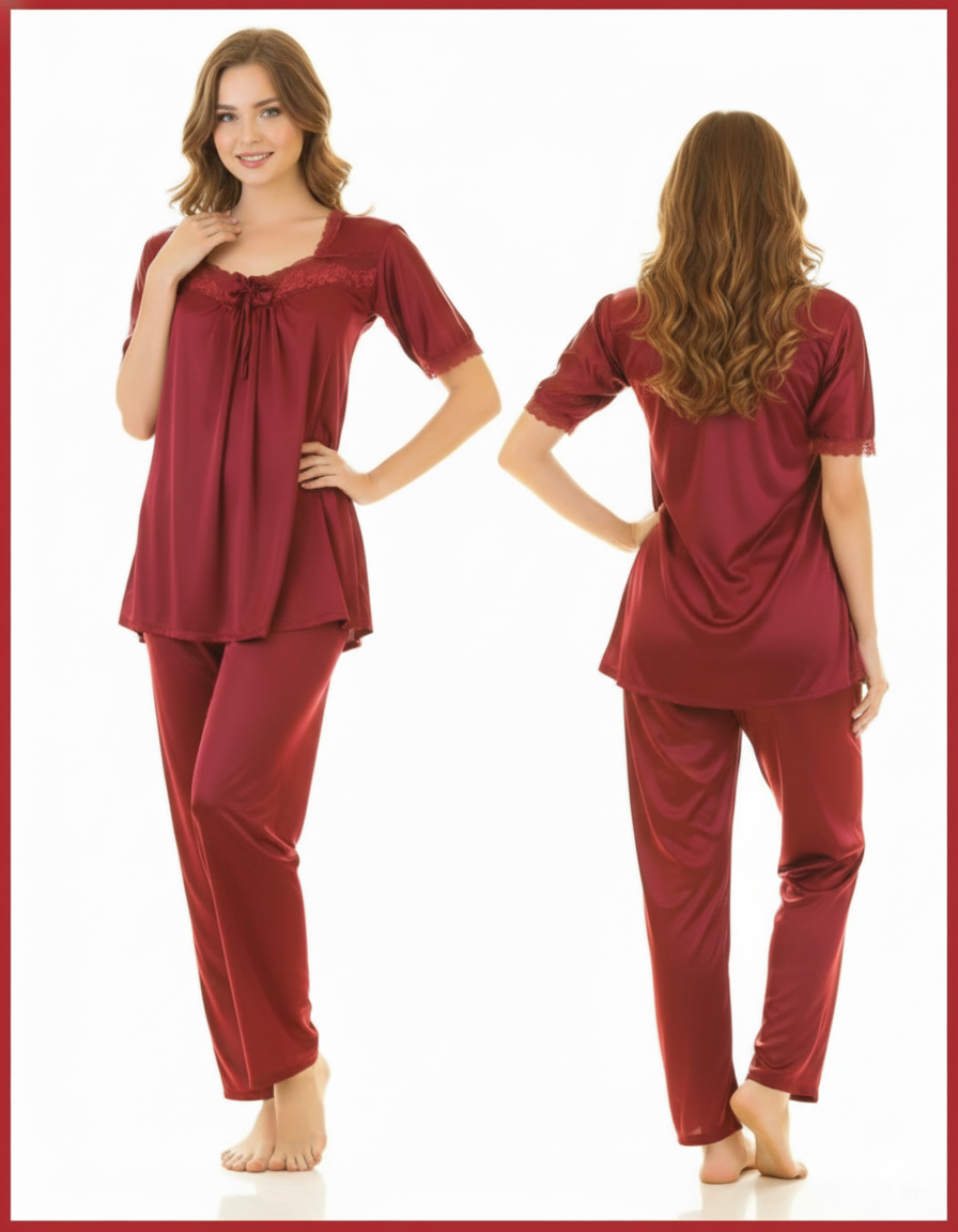 2 Piece Silk Pajama Suit With Front Net Lace
