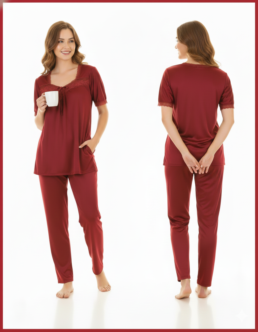 2 Piece Silk Pajama Suit With Front Net Lace
