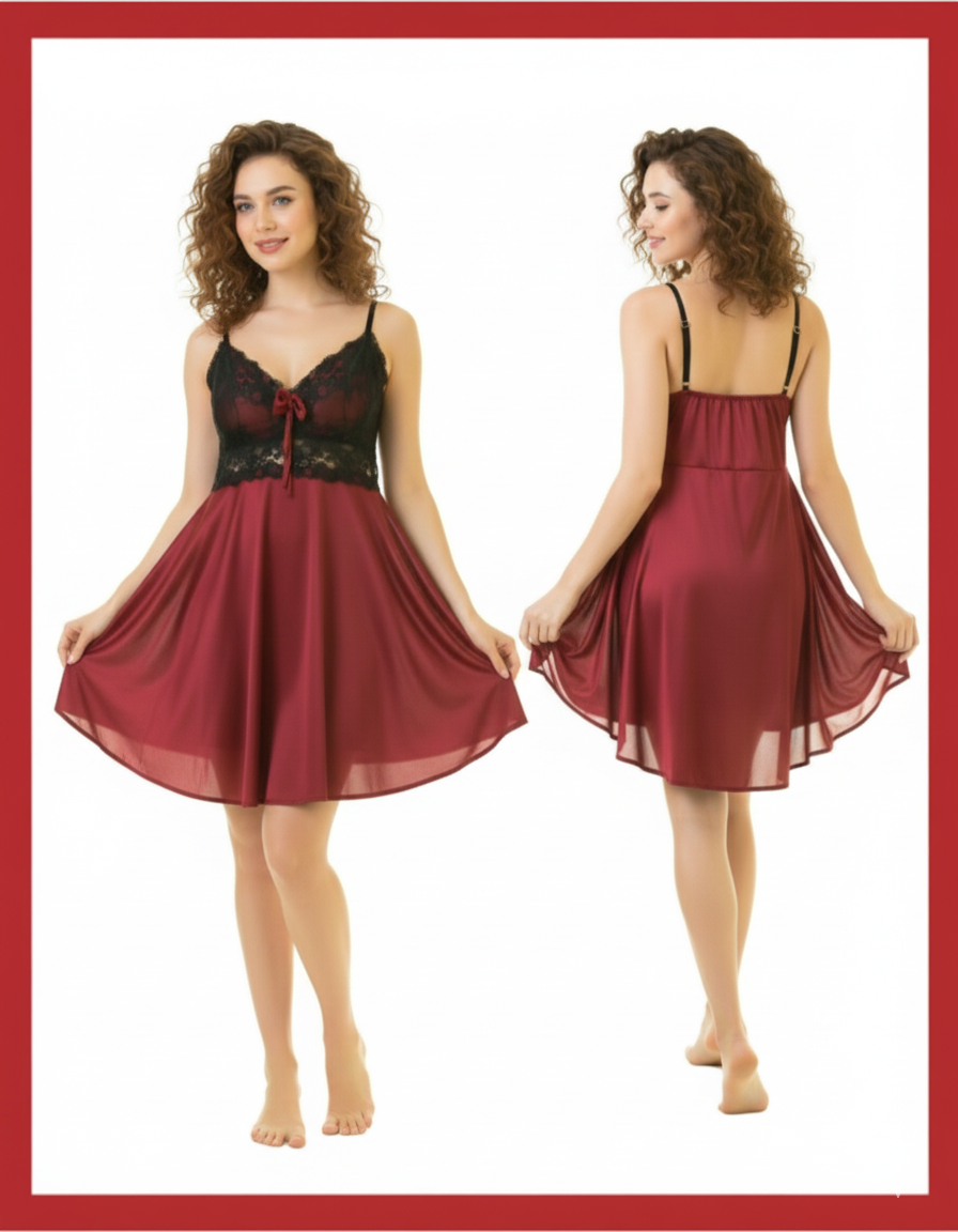 Lace Trim Satin Babydoll Nighty