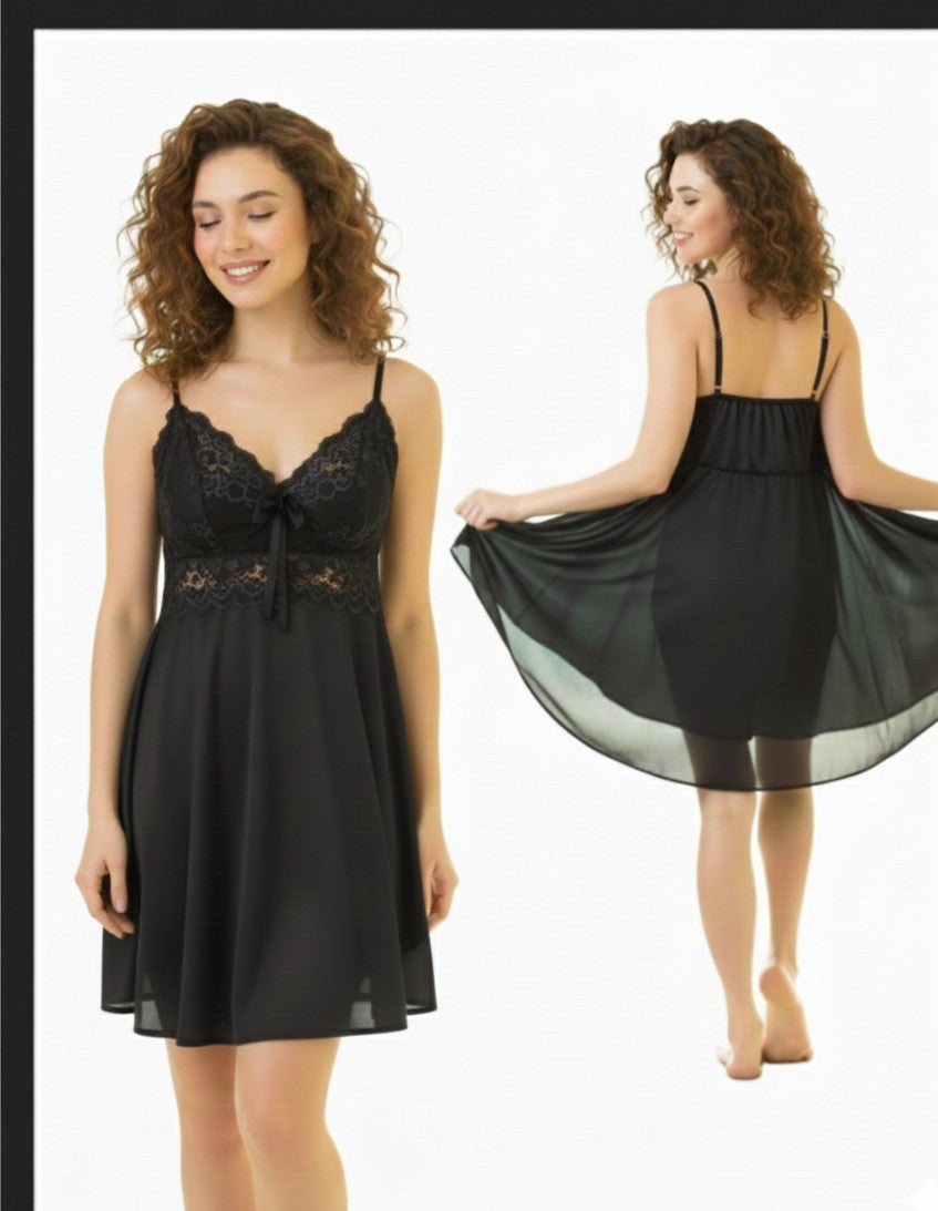 Lace Trim Satin Babydoll Nighty