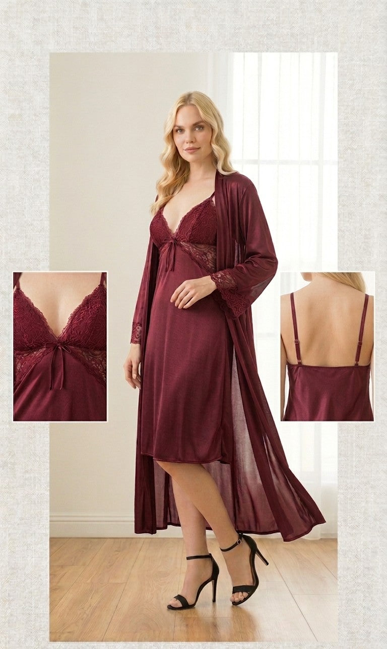 2-Piece Floral Lace Satin Robe & Chemise Set