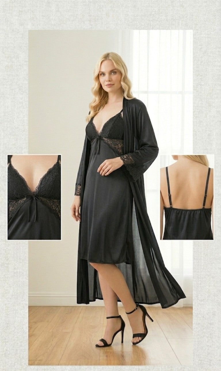 2-Piece Floral Lace Satin Robe & Chemise Set