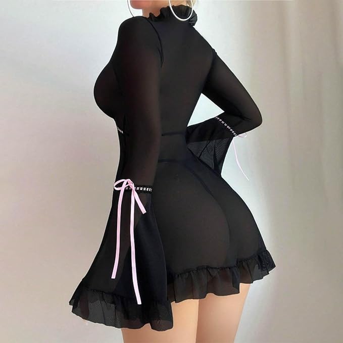 Sheer Mesh Babydoll with Bell Sleeves & Contrast Bows