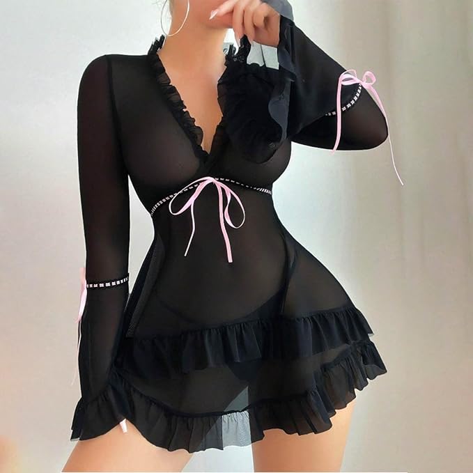 Sheer Mesh Babydoll with Bell Sleeves & Contrast Bows