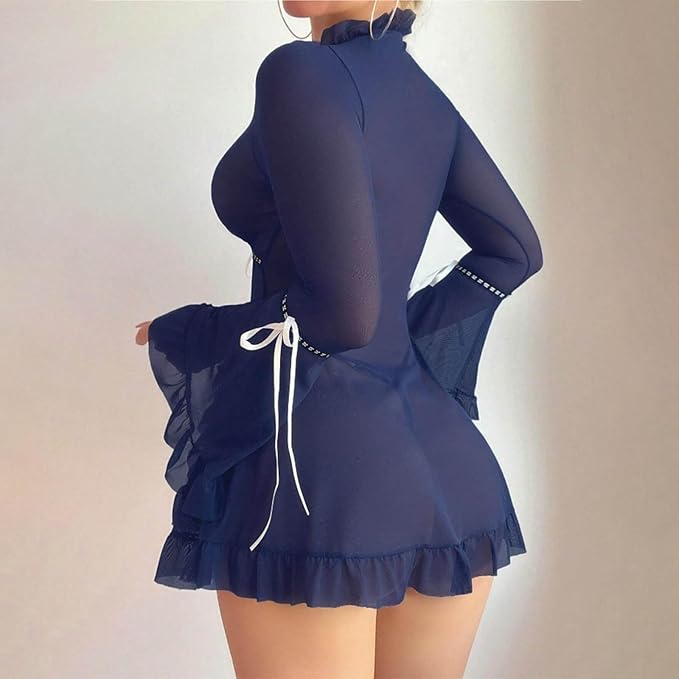 Sheer Mesh Babydoll with Bell Sleeves & Contrast Bows