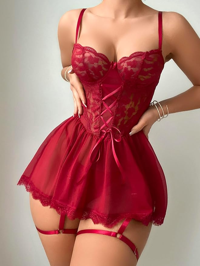 Floral Lace Bustier Set with Garter Straps