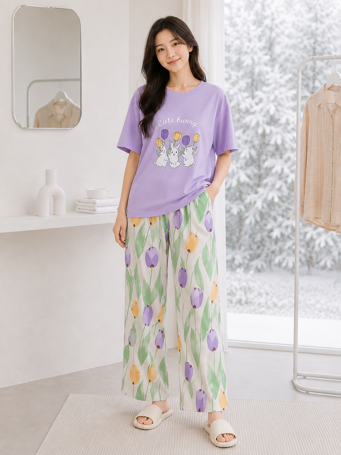 WearEase Lavender Bunny Pajama Set