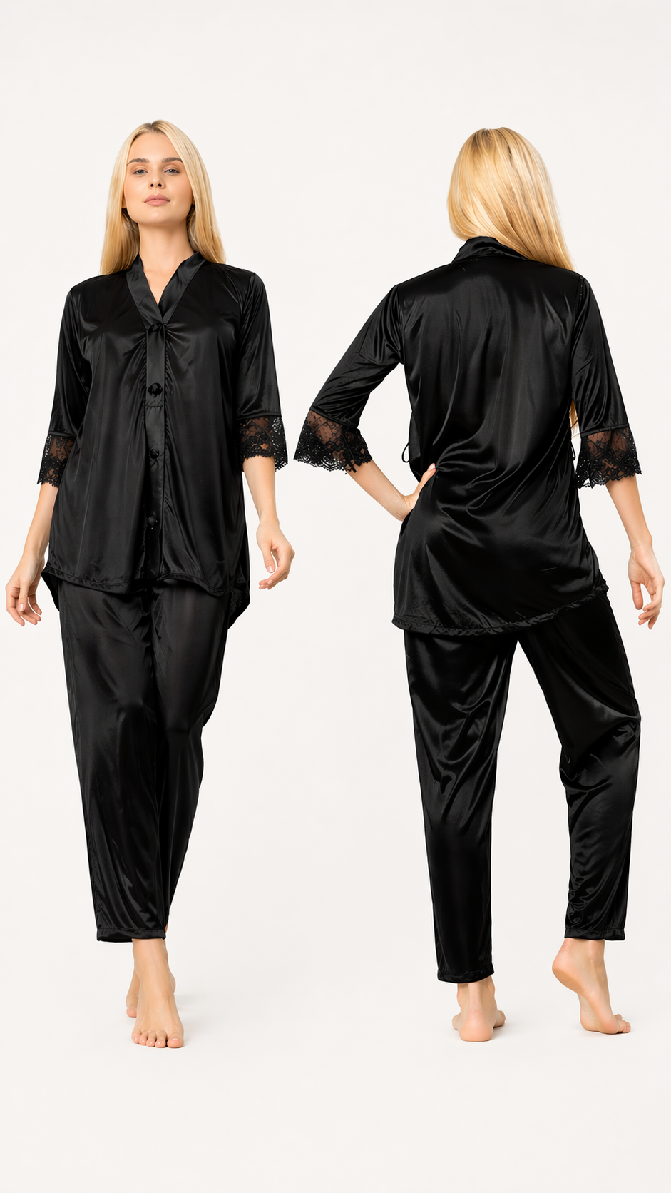 2-Piece Silky Satin Pajama Set | Short Sleeve Button-Up Top and Pajama