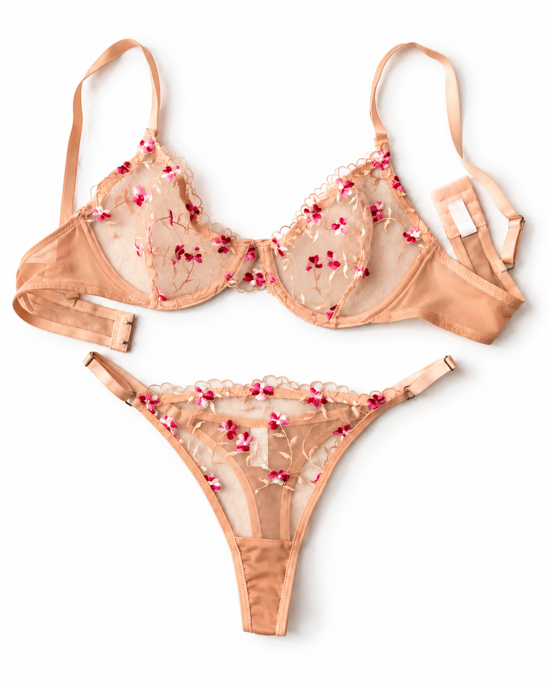 Peach Floral Lace-Non Padded Bra Set