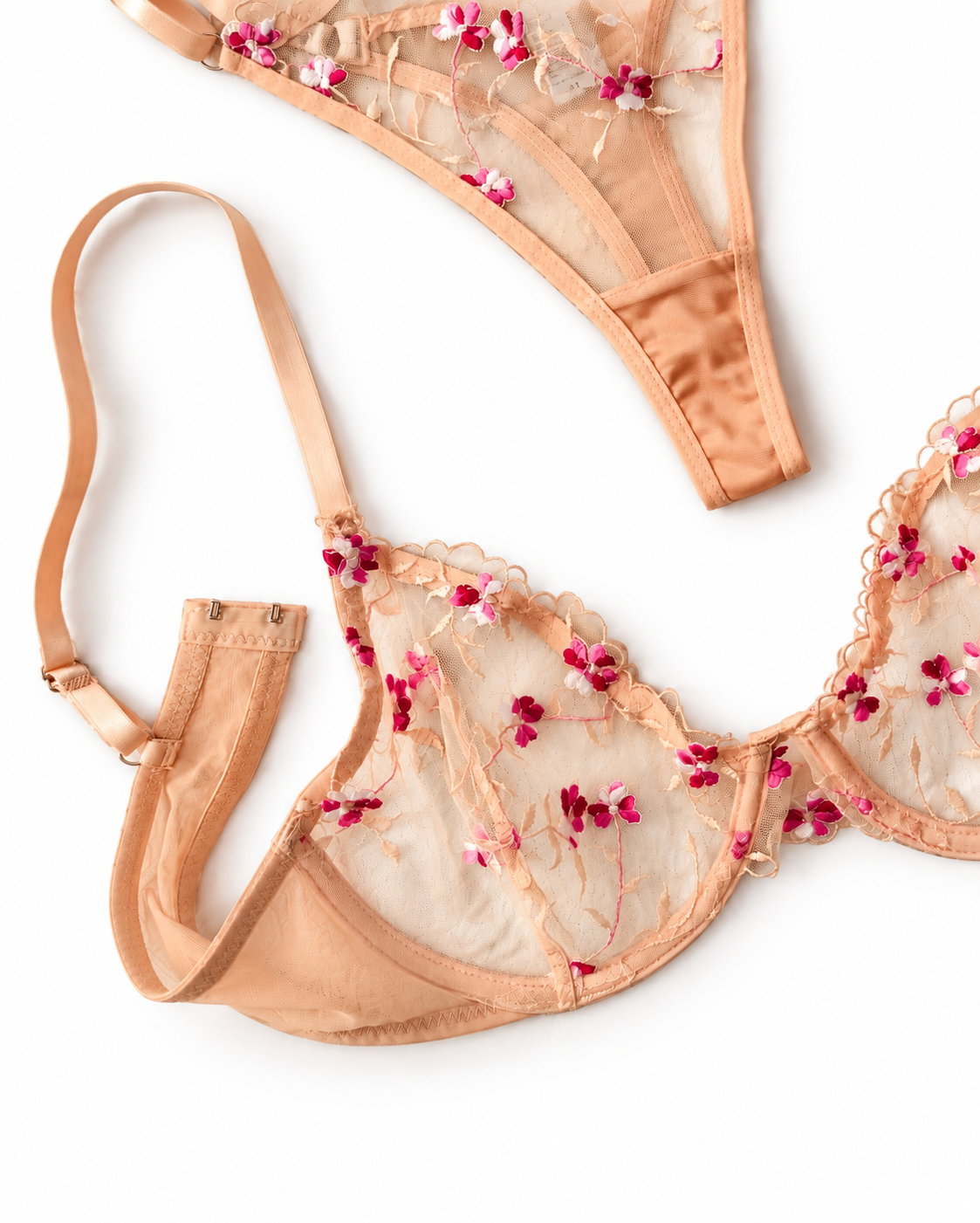 Peach Floral Lace-Non Padded Bra Set