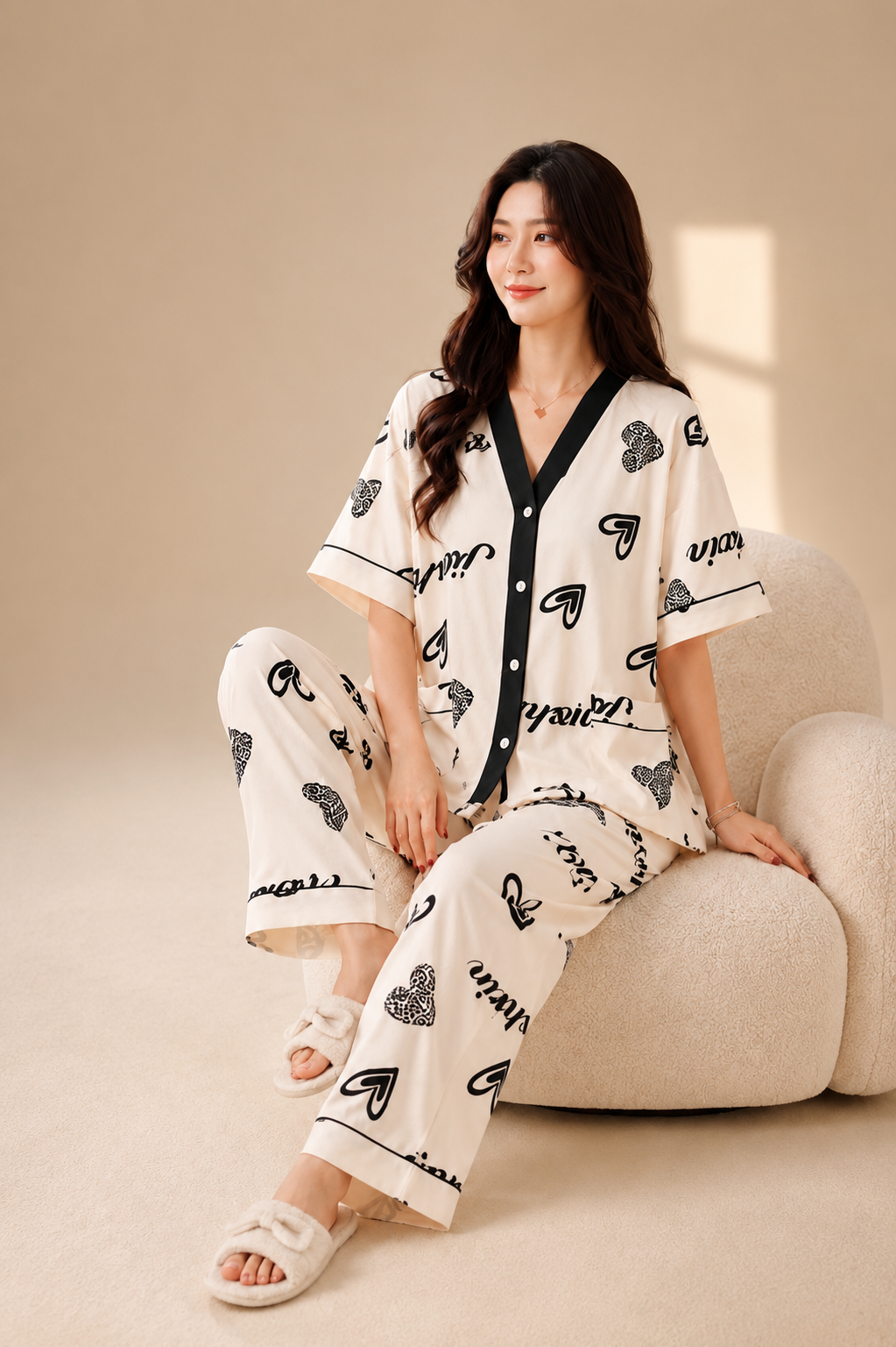 Amora Heart Cotton Button-Down PJ Set