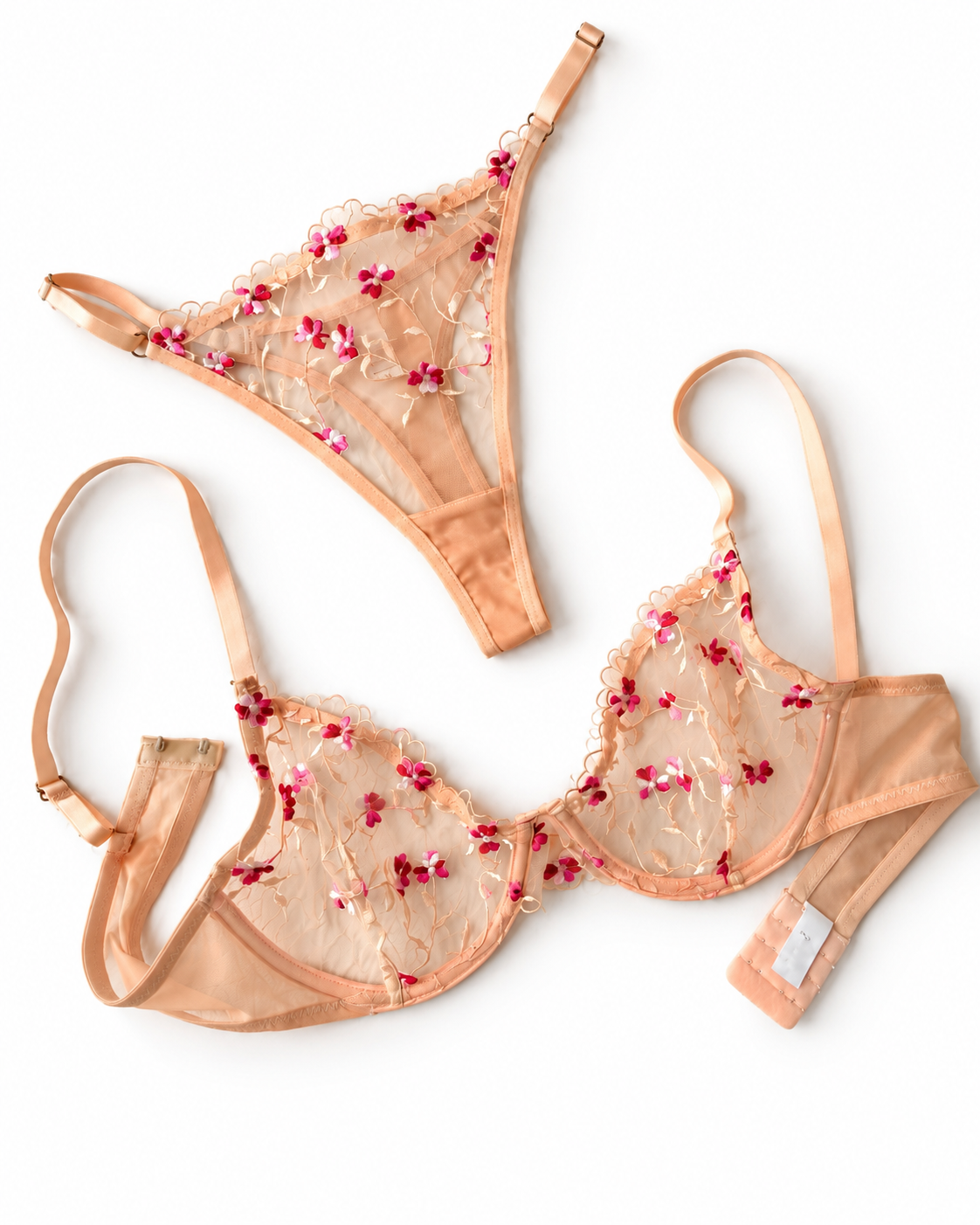 Peach Floral Lace-Non Padded Bra Set