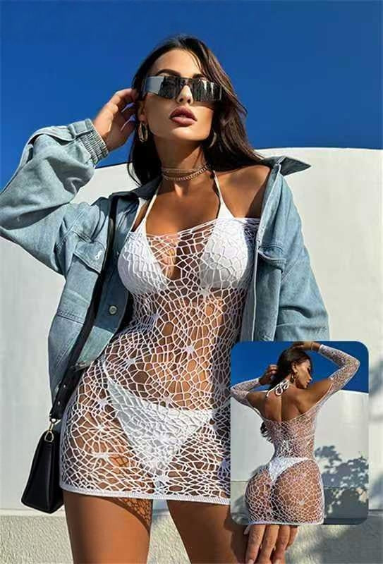 White Crochet Net Cover-Up Dress With Bra & Panty