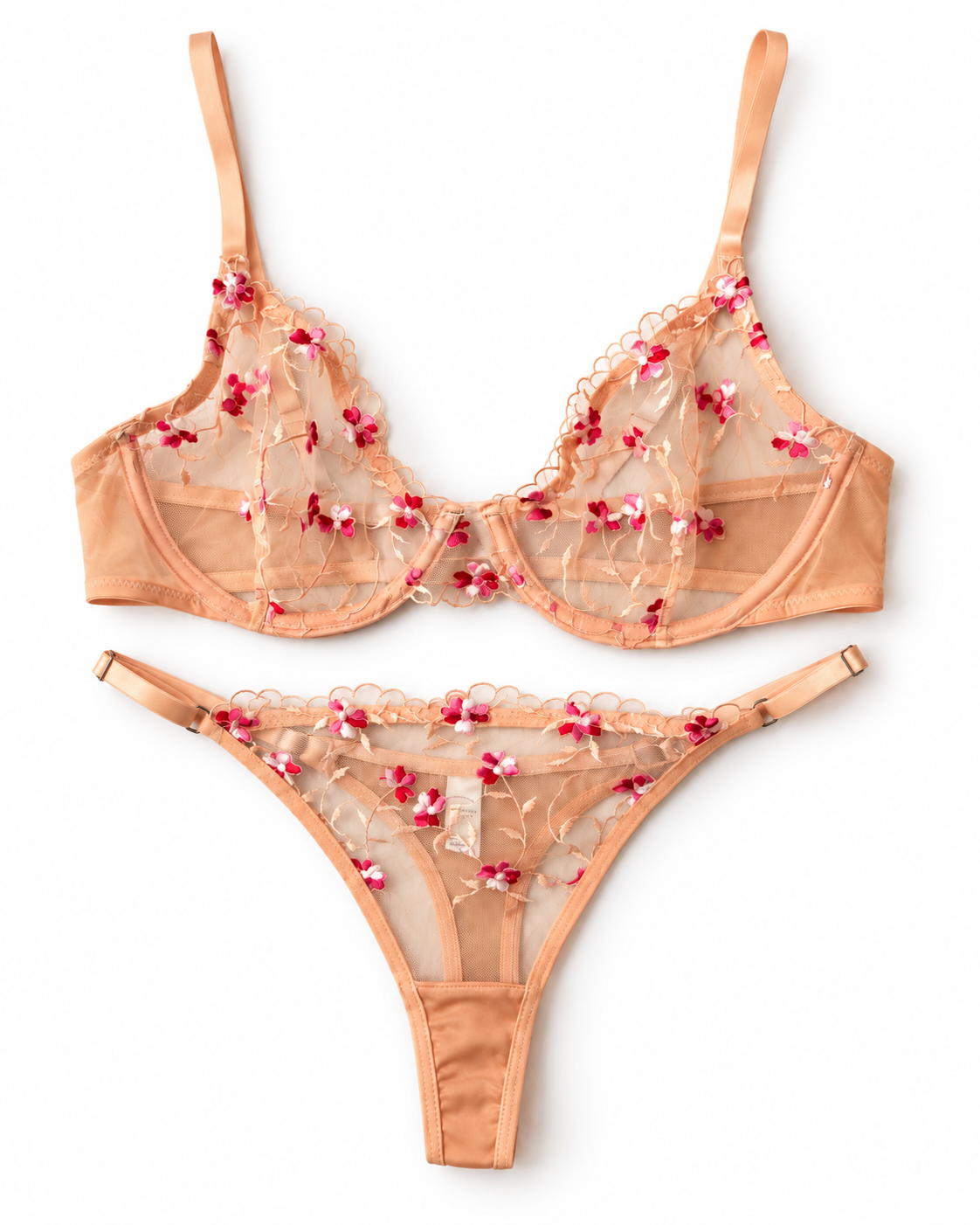 Peach Floral Lace-Non Padded Bra Set