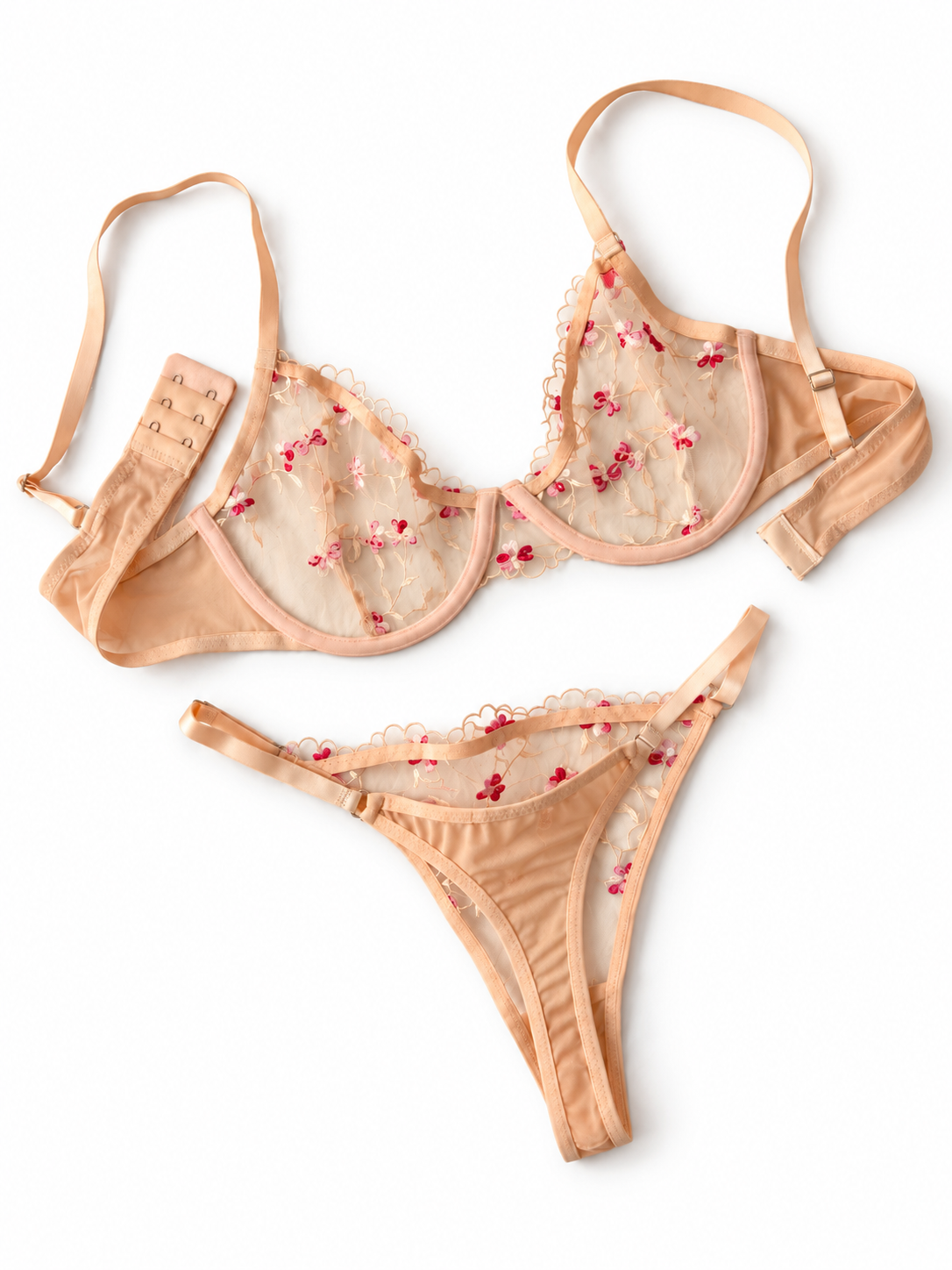 Peach Floral Lace-Non Padded Bra Set