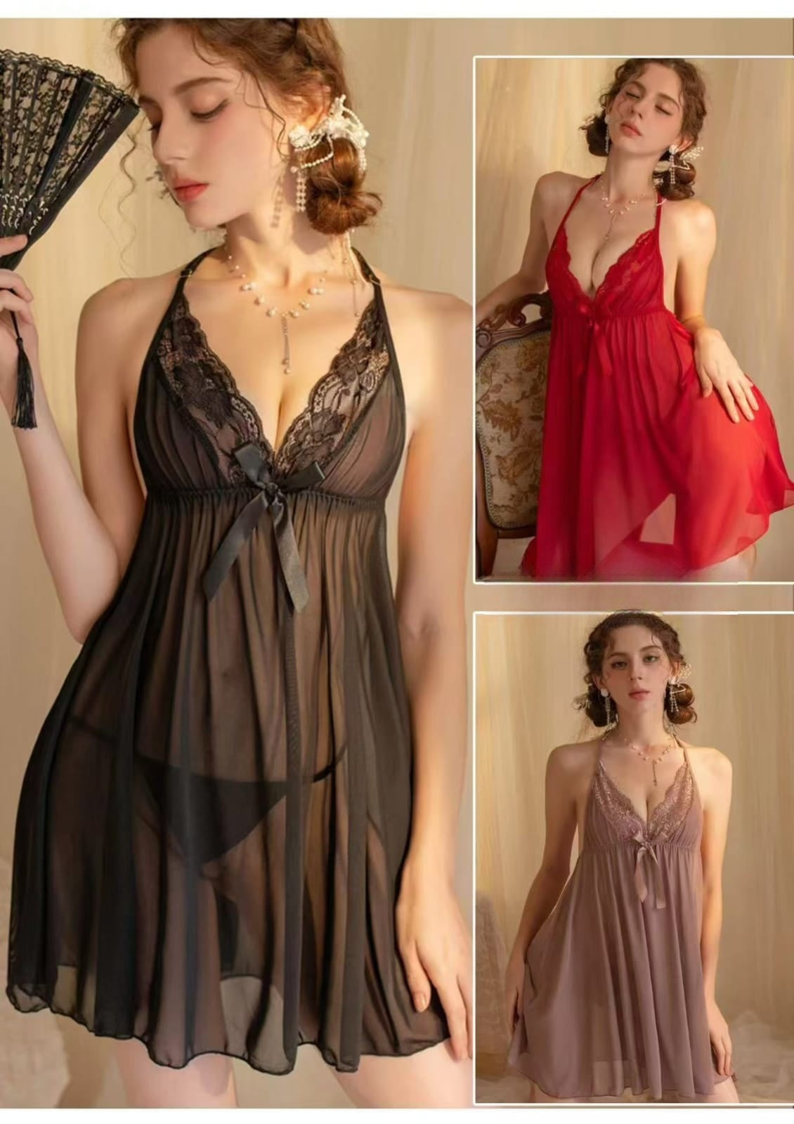 V-Neck Pleated Halter Nightwear Set