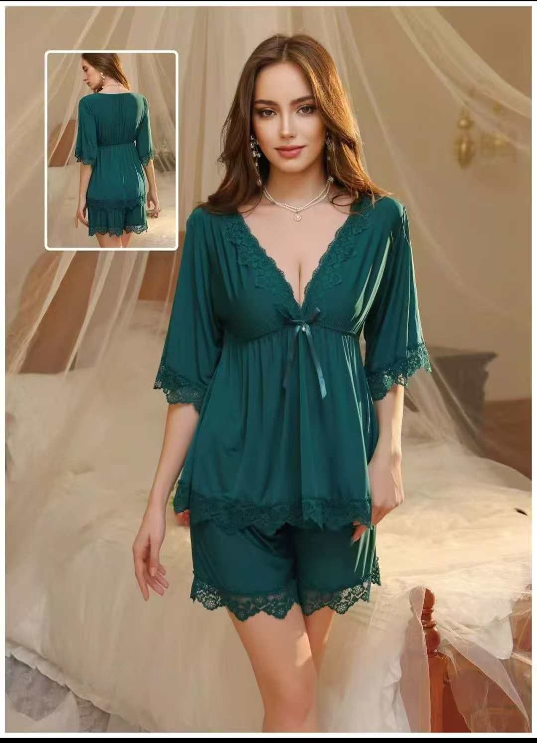 Emerald Lace Robe & Short Set